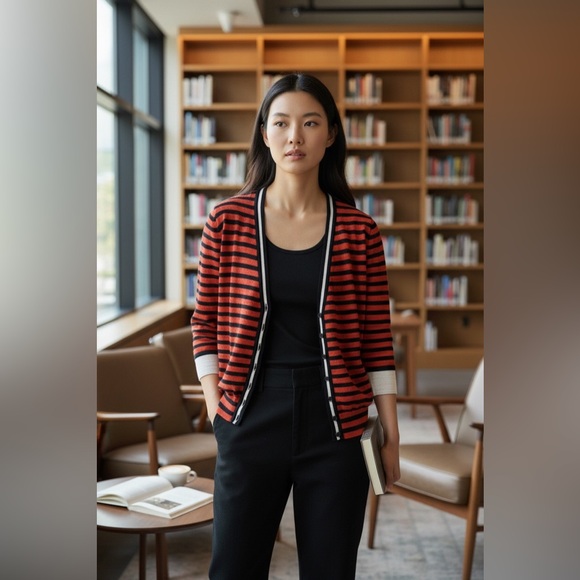 J. Crew Sweaters - J. Crew Red and Black Striped V-Neck Cardigan Sweater with Cream Cuffs